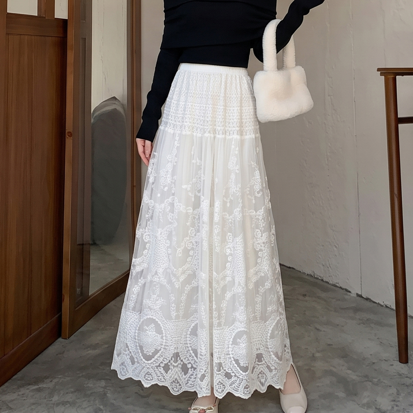 Women's Lace Embroidered Mesh A-Line Long Skirt High Waist Lightweight - Image 3
