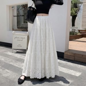Women's Lace Patchwork White Skirt 2026 Summer High Waist Long Flowy Sweet Princess Ruffle Hem