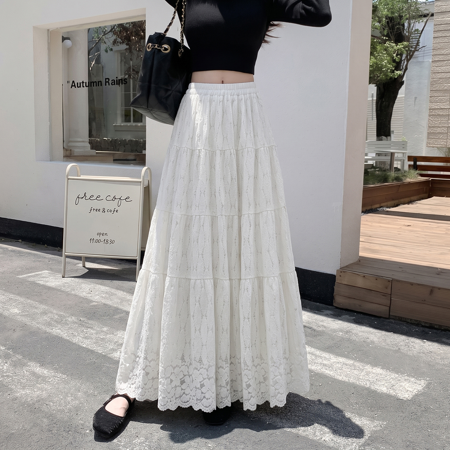 Women's Lace Patchwork White Skirt 2026 Summer High Waist Long Flowy Sweet Princess Ruffle Hem