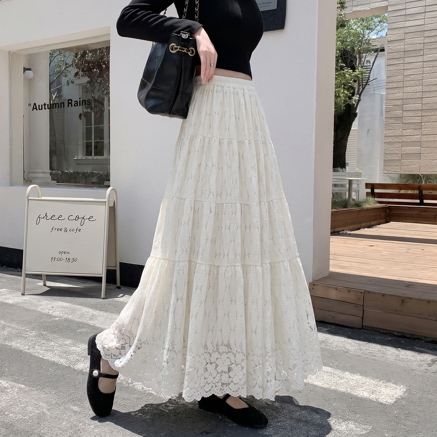 Women's Lace Patchwork White Skirt 2026 Summer High Waist Long Flowy Sweet Princess Ruffle Hem - Image 3