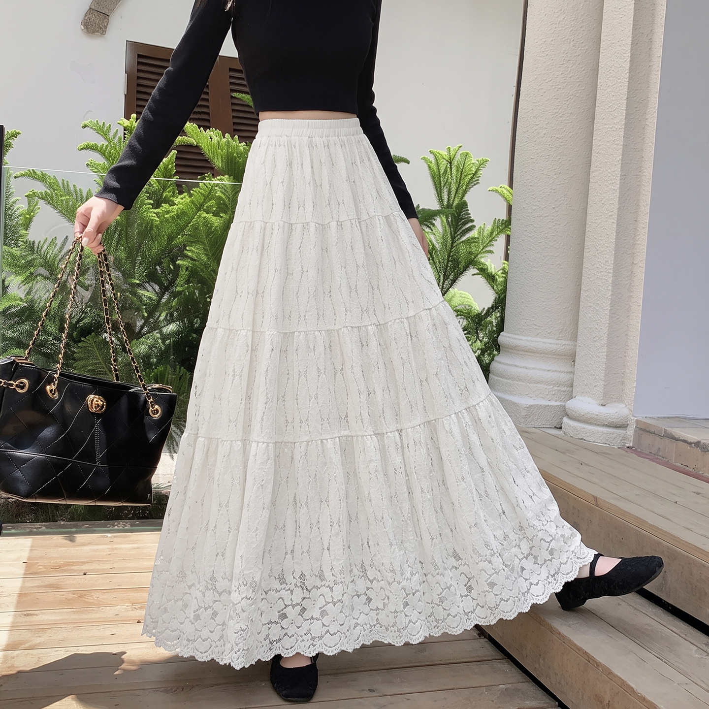Women's Lace Patchwork White Skirt 2026 Summer High Waist Long Flowy Sweet Princess Ruffle Hem - Image 4