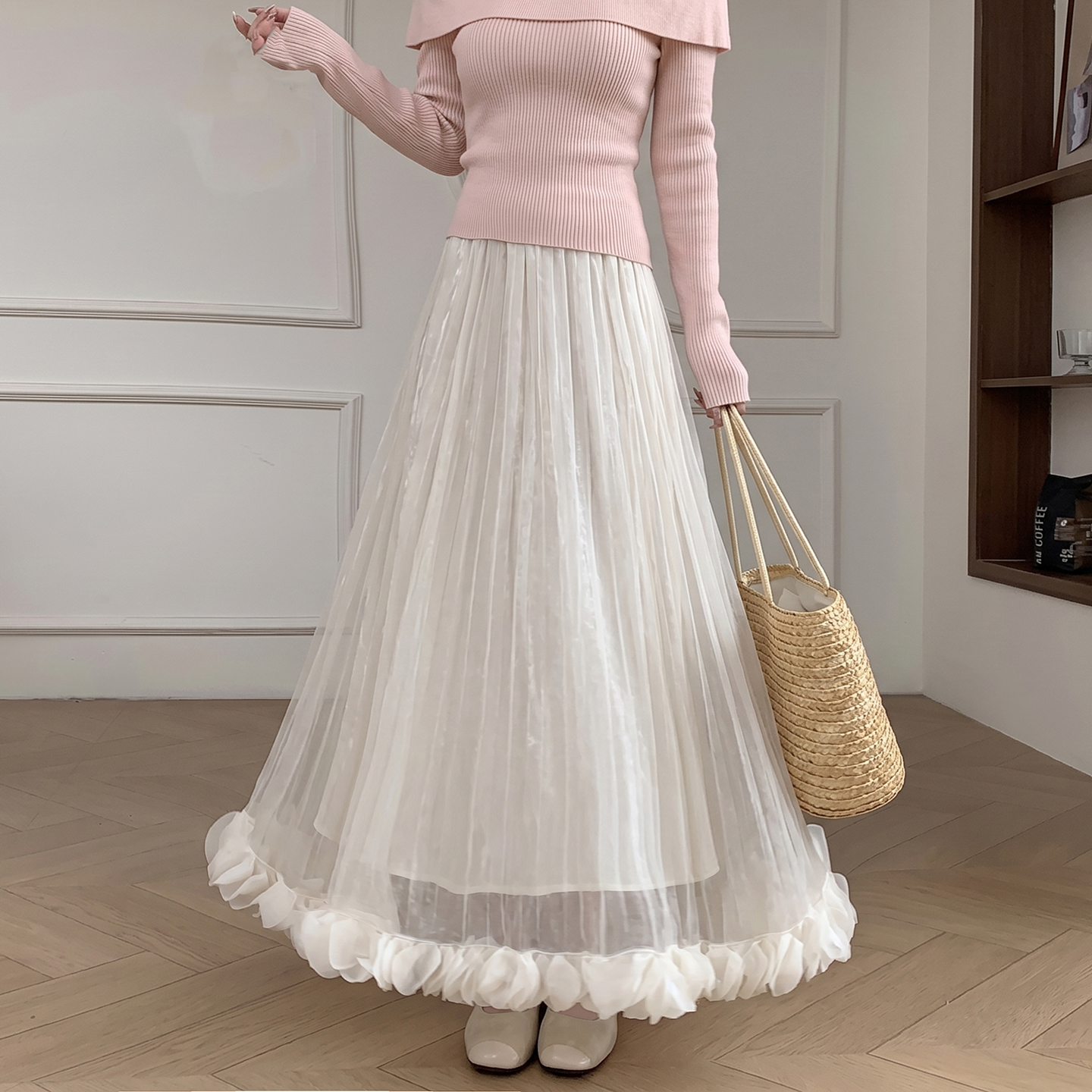 Sweet Mesh A-Line Midi Skirt with Ruffle Trim and Velvet Lining