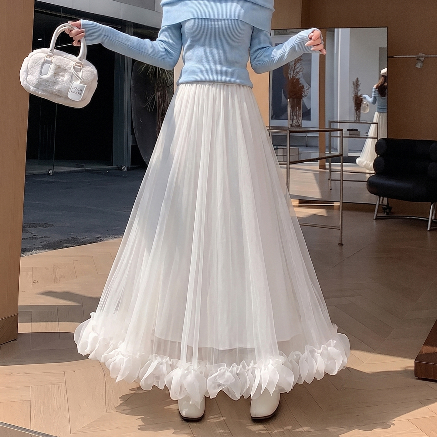 Sweet Mesh A-Line Midi Skirt with Ruffle Trim and Velvet Lining - Image 2