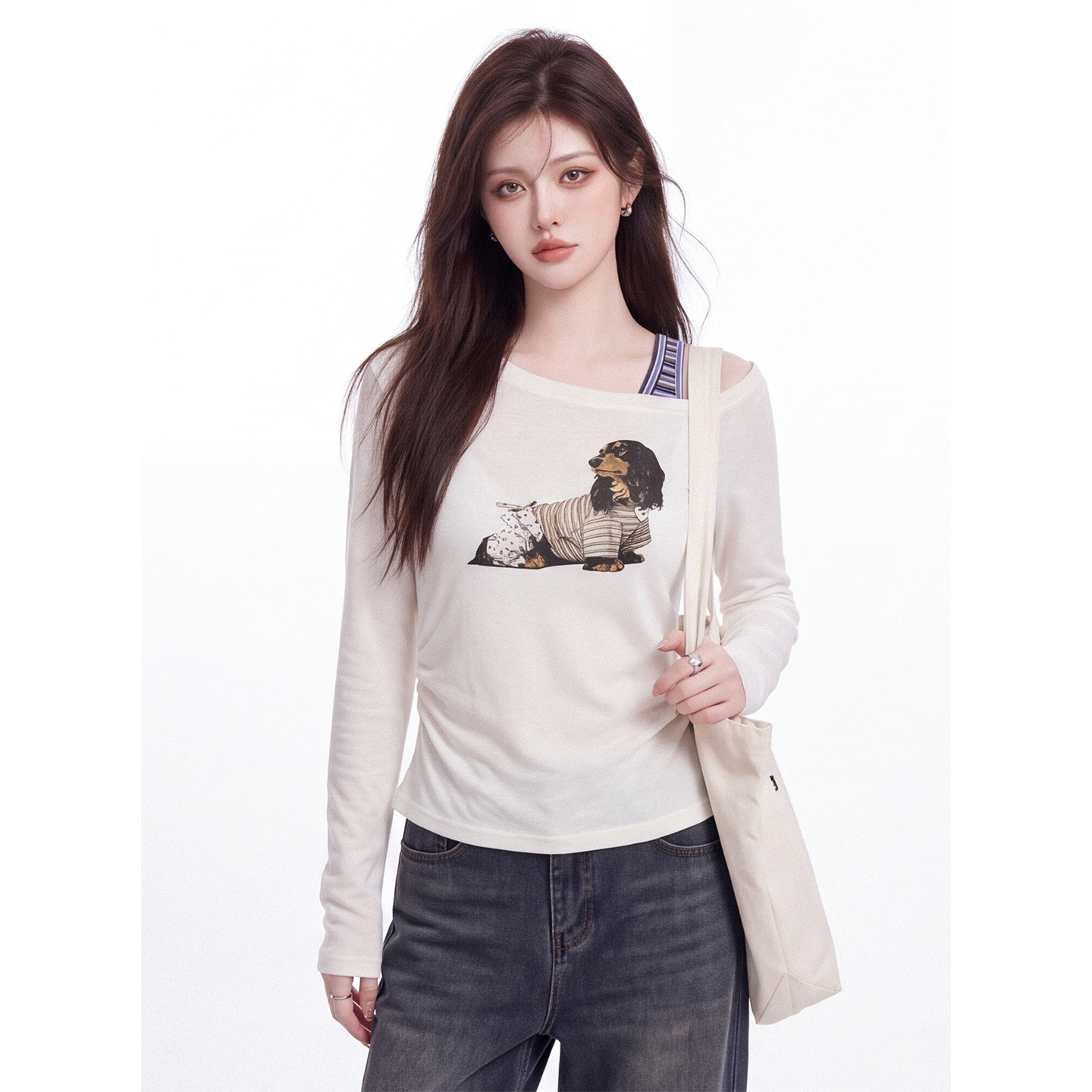 Dachshund Print Slant Neck Off-Shoulder Long Sleeve T-Shirt for Women Autumn New Pure Desire Style Ruched Slim Fit Base Layer Top - Image 2