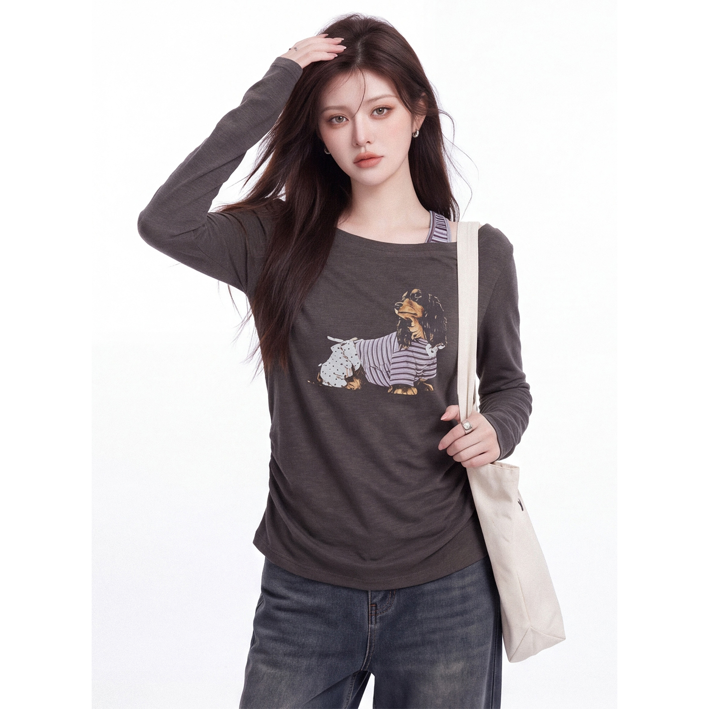 Dachshund Print Slant Neck Off-Shoulder Long Sleeve T-Shirt for Women Autumn New Pure Desire Style Ruched Slim Fit Base Layer Top - Image 3