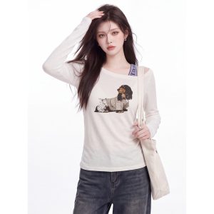 Dachshund Print Slant Neck Off-Shoulder Long Sleeve T-Shirt for Women Autumn New Pure Desire Style Ruched Slim Fit Base Layer Top