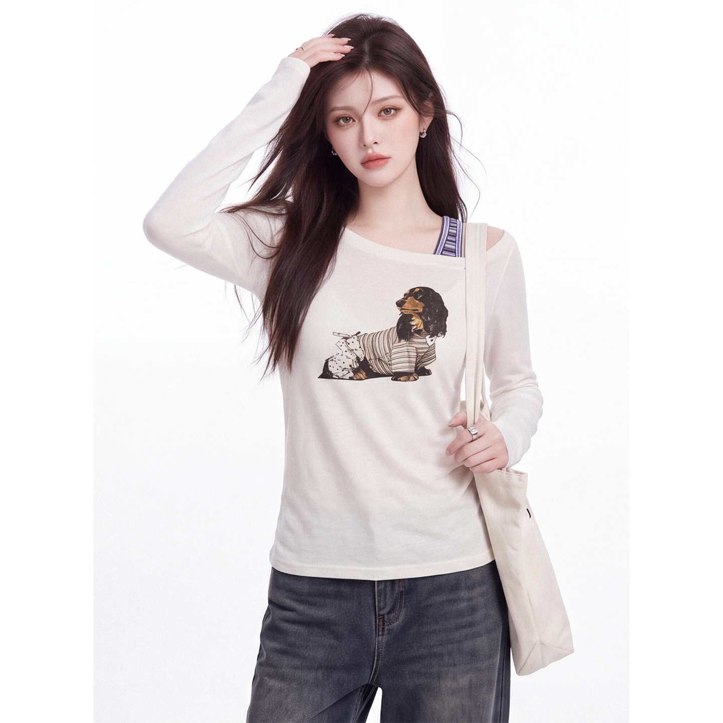 Dachshund Print Slant Neck Off-Shoulder Long Sleeve T-Shirt for Women Autumn New Pure Desire Style Ruched Slim Fit Base Layer Top