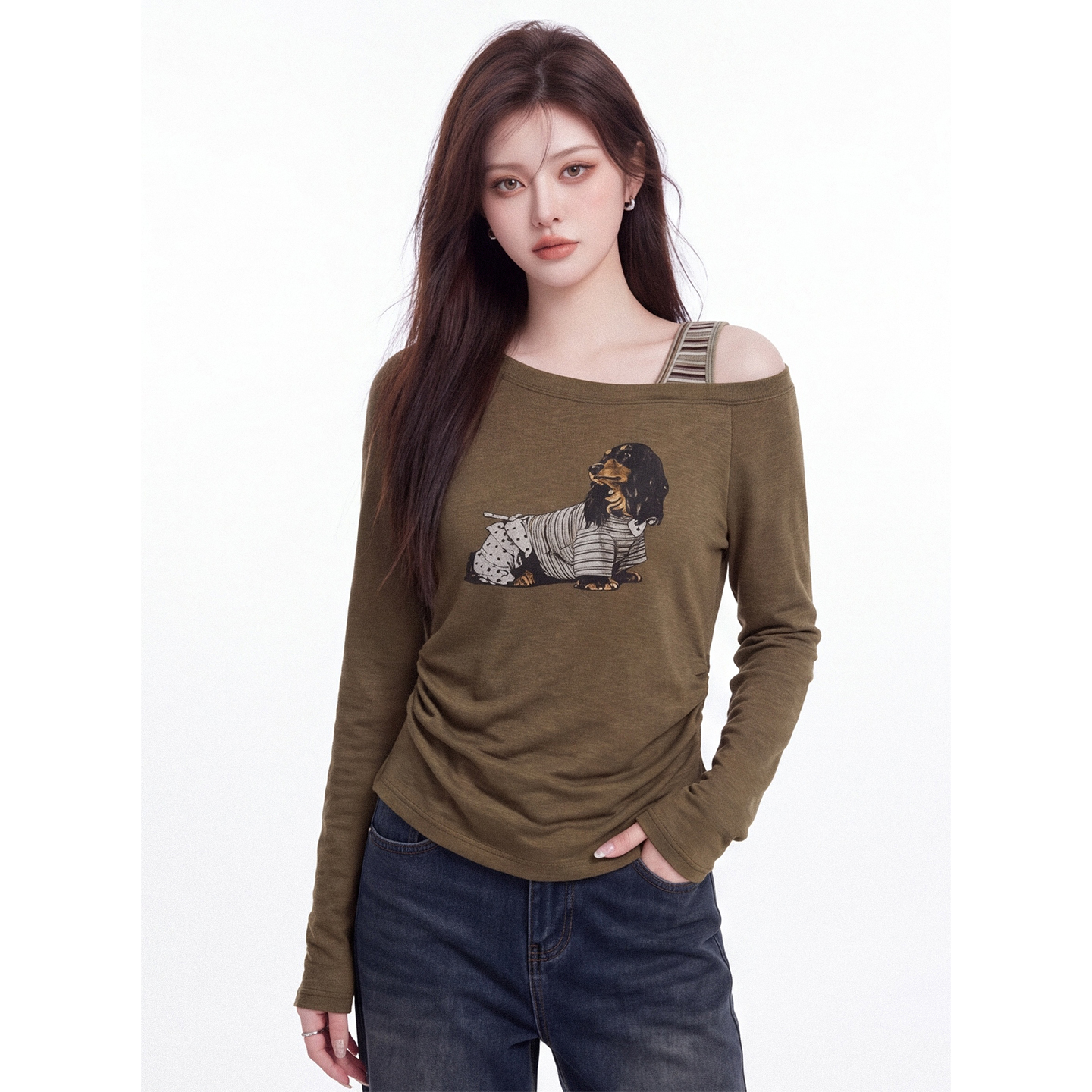 Dachshund Print Slant Neck Off-Shoulder Long Sleeve T-Shirt for Women Autumn New Pure Desire Style Ruched Slim Fit Base Layer Top - Image 5