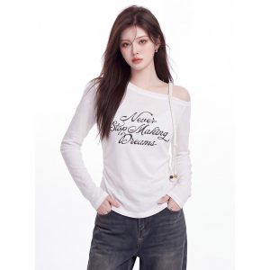 Letter Print Slant Neck Long Sleeve T-Shirt for Women Fall 2026 Slim Fit Top