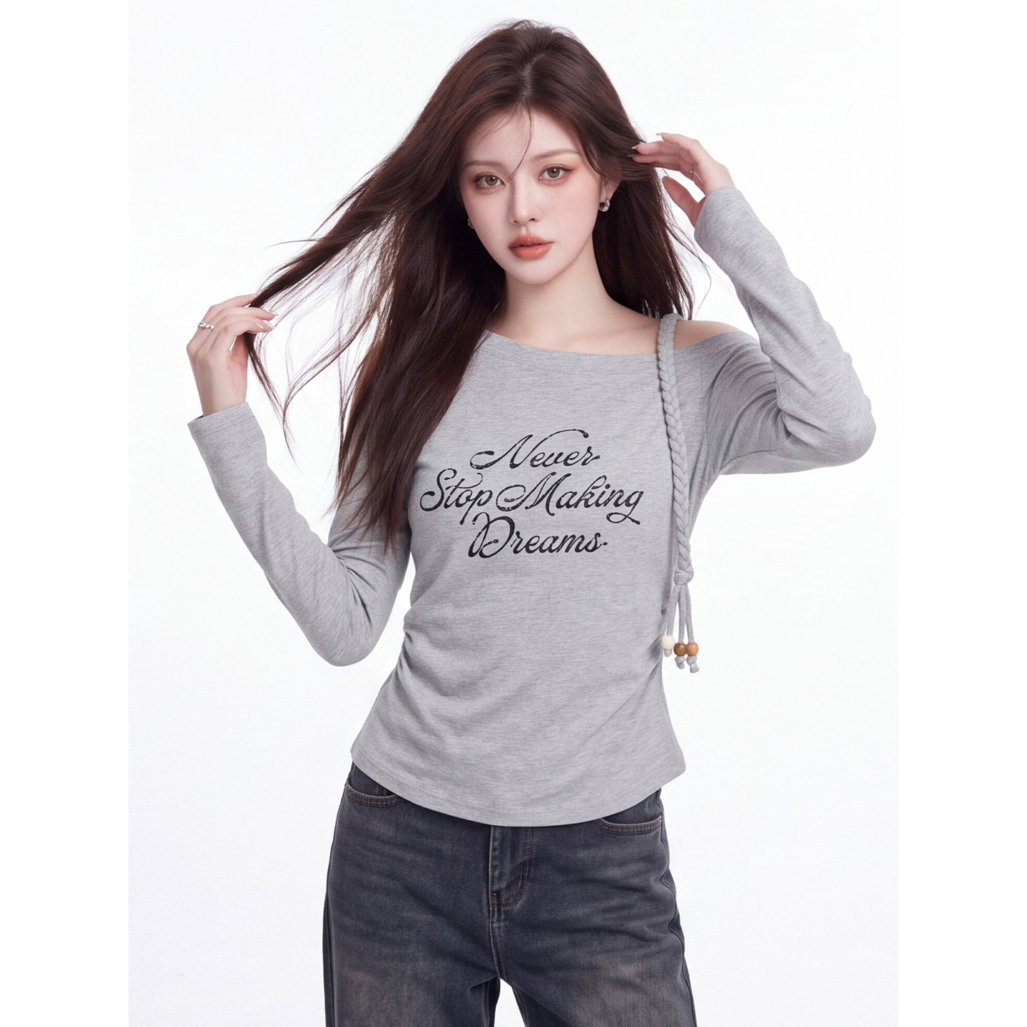 Letter Print Slant Neck Long Sleeve T-Shirt for Women Fall 2026 Slim Fit Top - Image 2