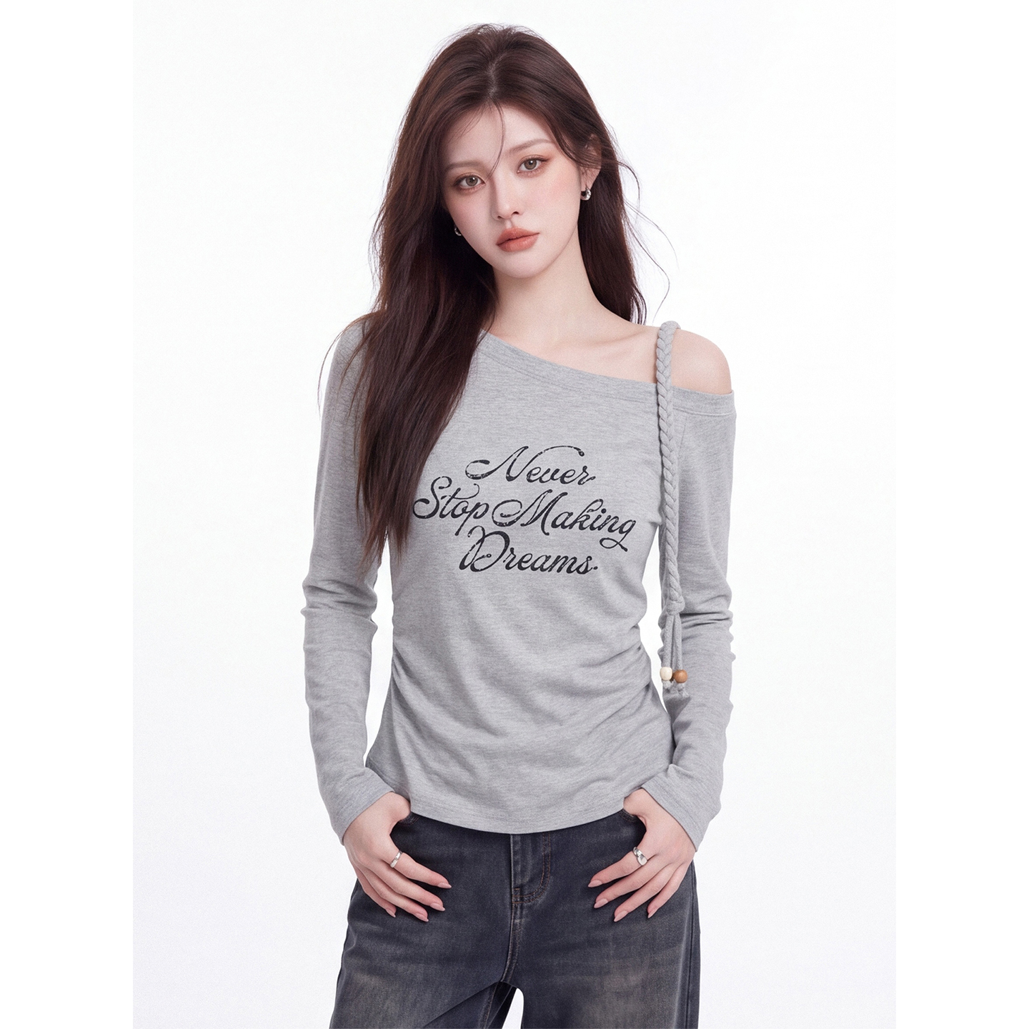 Letter Print Slant Neck Long Sleeve T-Shirt for Women Fall 2026 Slim Fit Top - Image 3