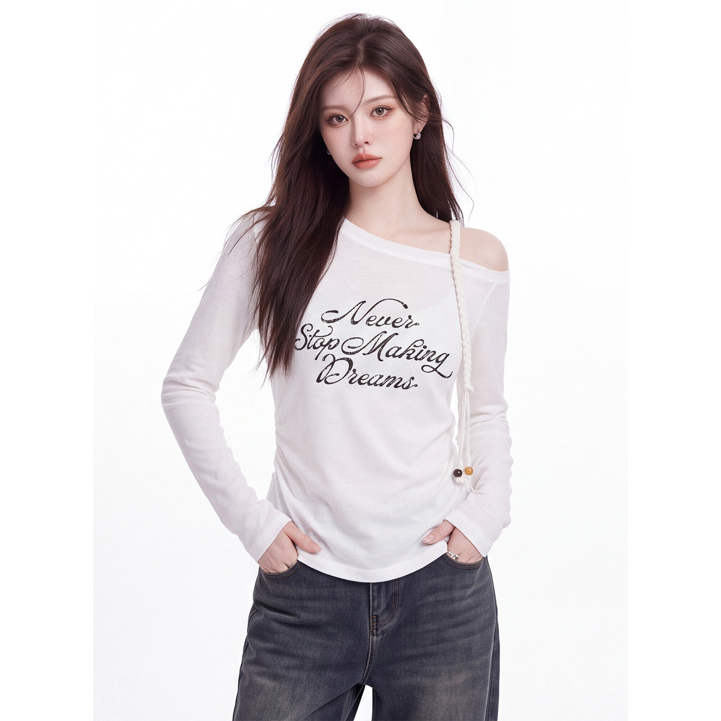 Letter Print Slant Neck Long Sleeve T-Shirt for Women Fall 2026 Slim Fit Top - Image 4