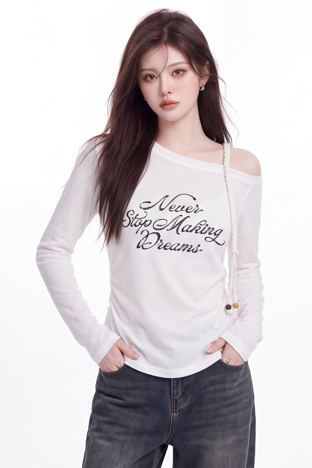 Letter Print Slant Neck Long Sleeve T-Shirt for Women Fall 2026 Slim Fit Top - Image 5
