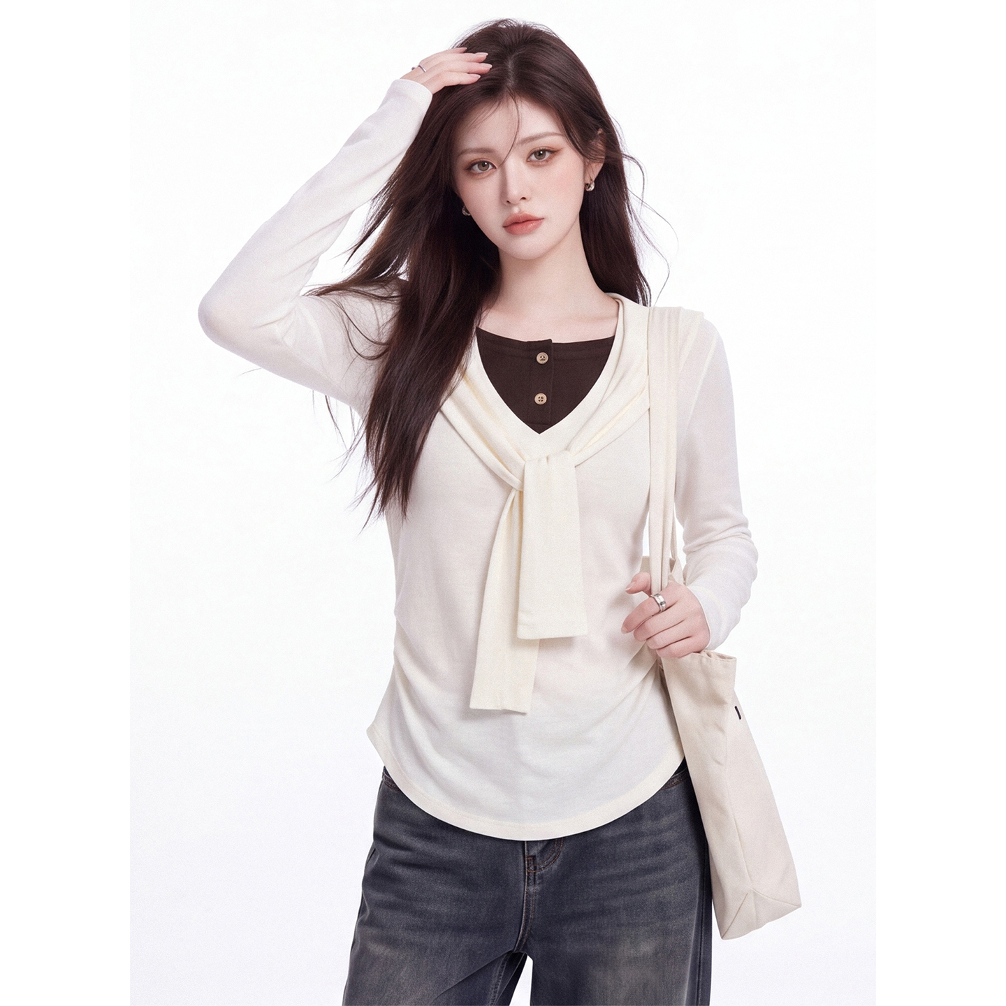 Korean Faux Two-Piece Lace-Up V-Neck Long-Sleeve T-Shirt for Women Autumn Slimming Pleated Waist Top