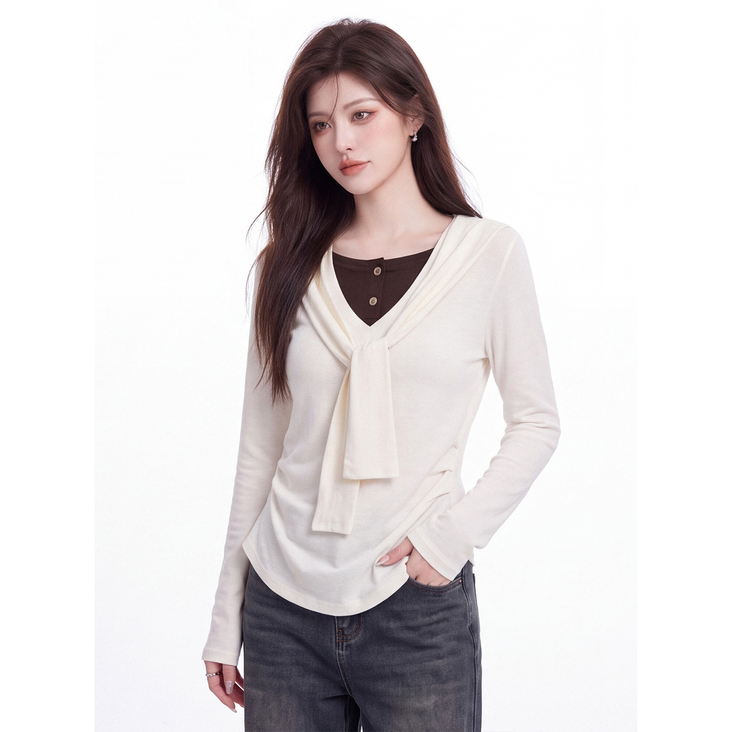 Korean Faux Two-Piece Lace-Up V-Neck Long-Sleeve T-Shirt for Women Autumn Slimming Pleated Waist Top - Image 2