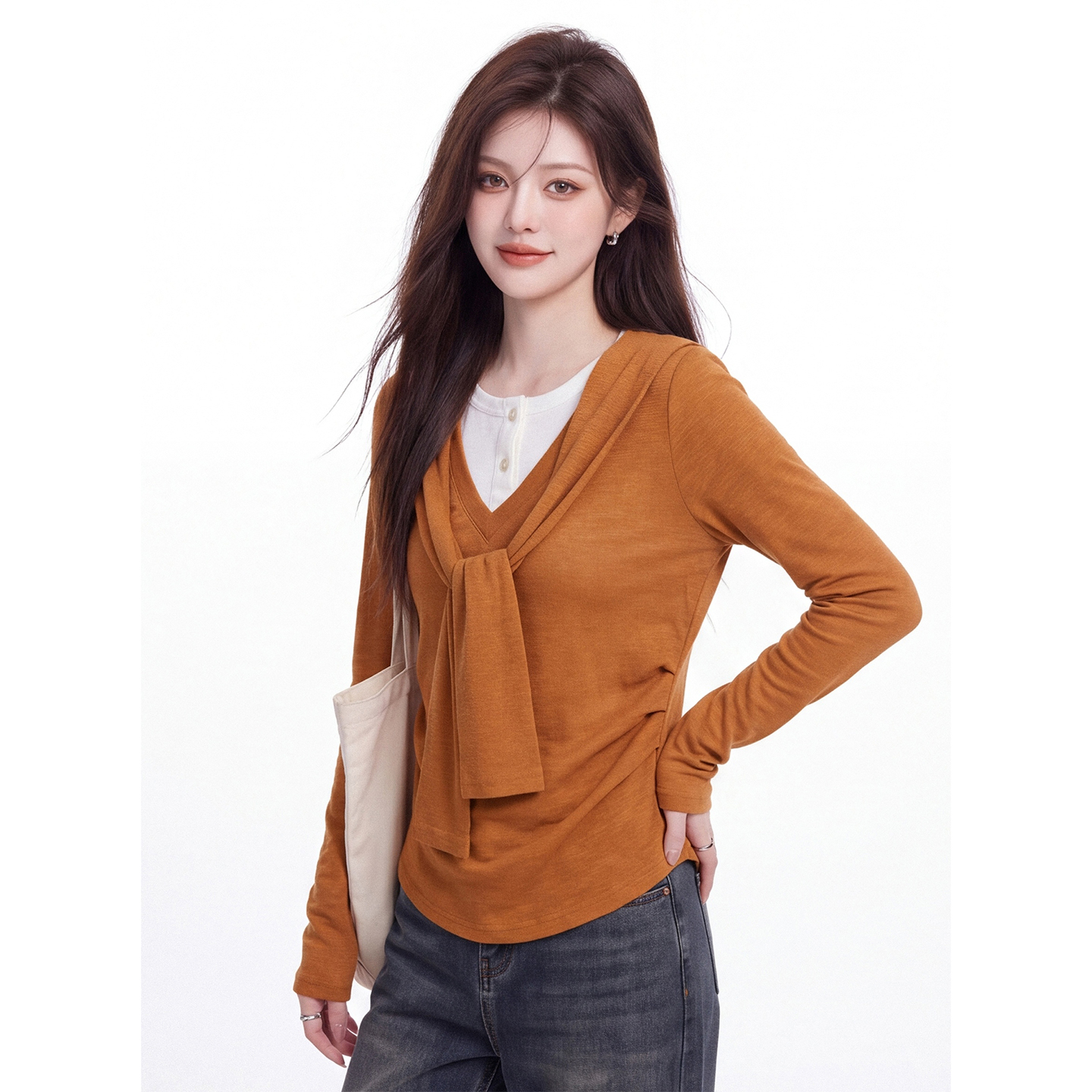 Korean Faux Two-Piece Lace-Up V-Neck Long-Sleeve T-Shirt for Women Autumn Slimming Pleated Waist Top - Image 3