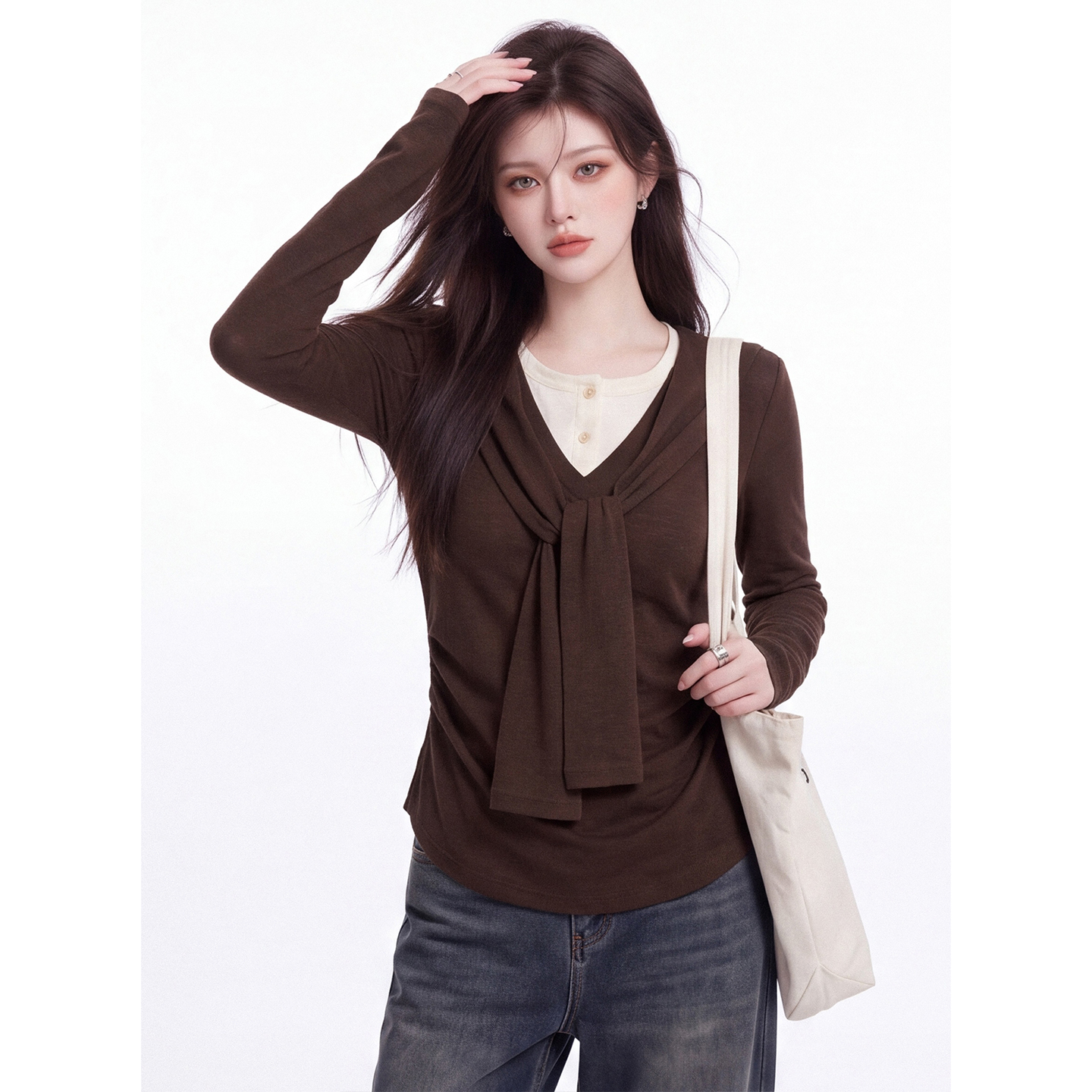 Korean Faux Two-Piece Lace-Up V-Neck Long-Sleeve T-Shirt for Women Autumn Slimming Pleated Waist Top - Image 4