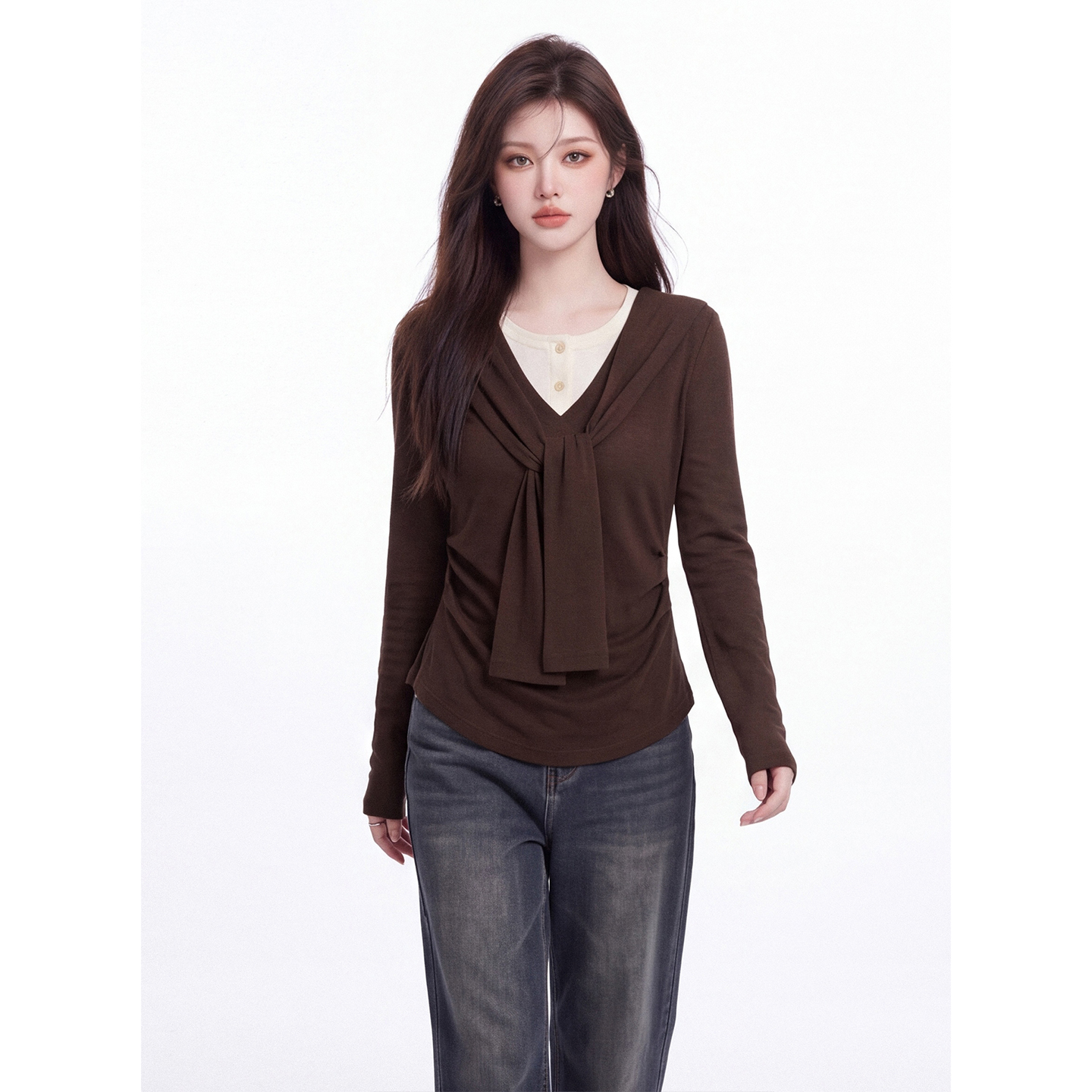 Korean Faux Two-Piece Lace-Up V-Neck Long-Sleeve T-Shirt for Women Autumn Slimming Pleated Waist Top - Image 5