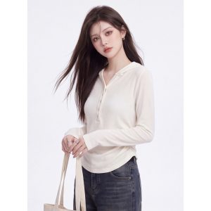 Korean Style Hooded Half Button Long Sleeve T-Shirt Women Autumn Slim Fit Ruched Waist Basic Top