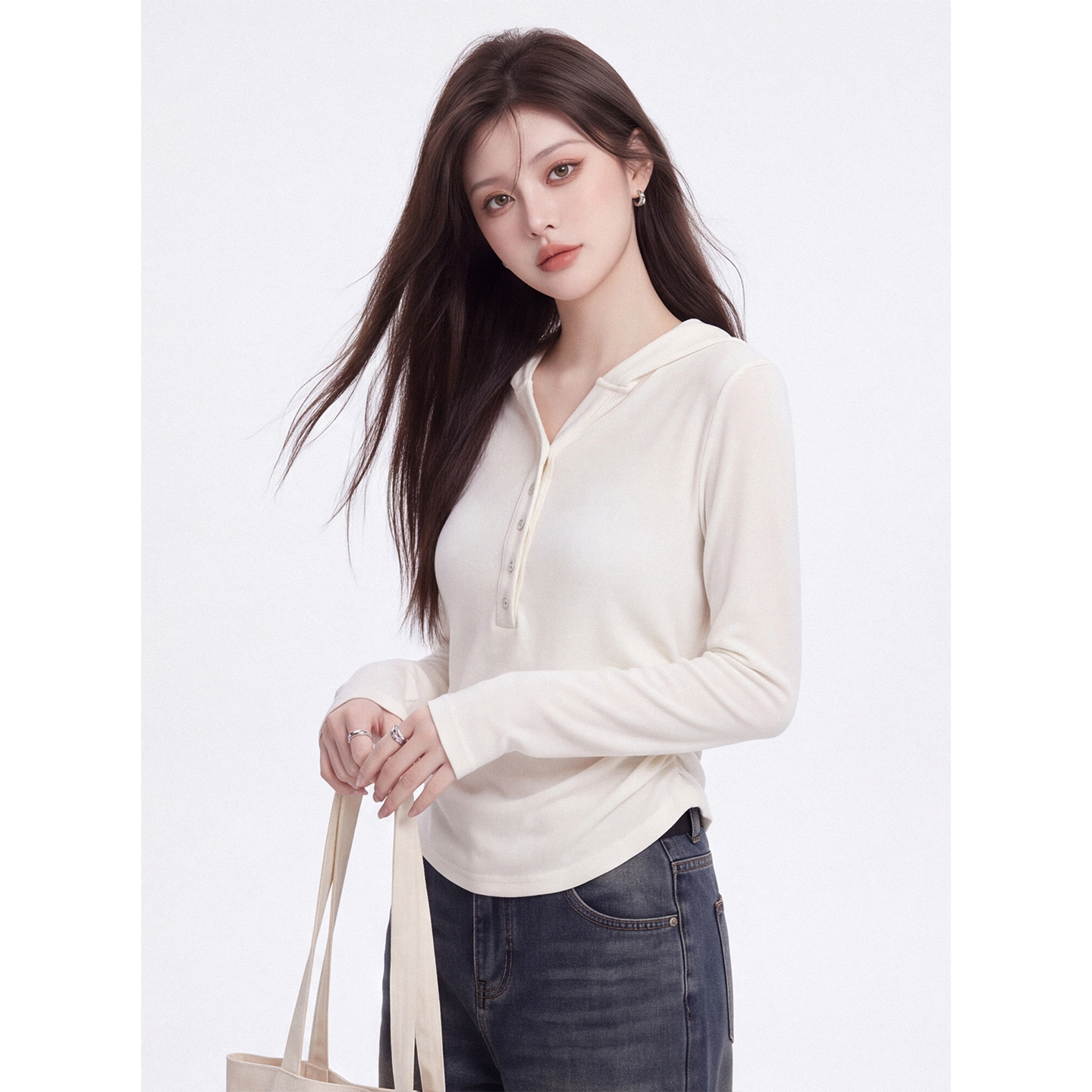 Korean Style Hooded Half Button Long Sleeve T-Shirt Women Autumn Slim Fit Ruched Waist Basic Top