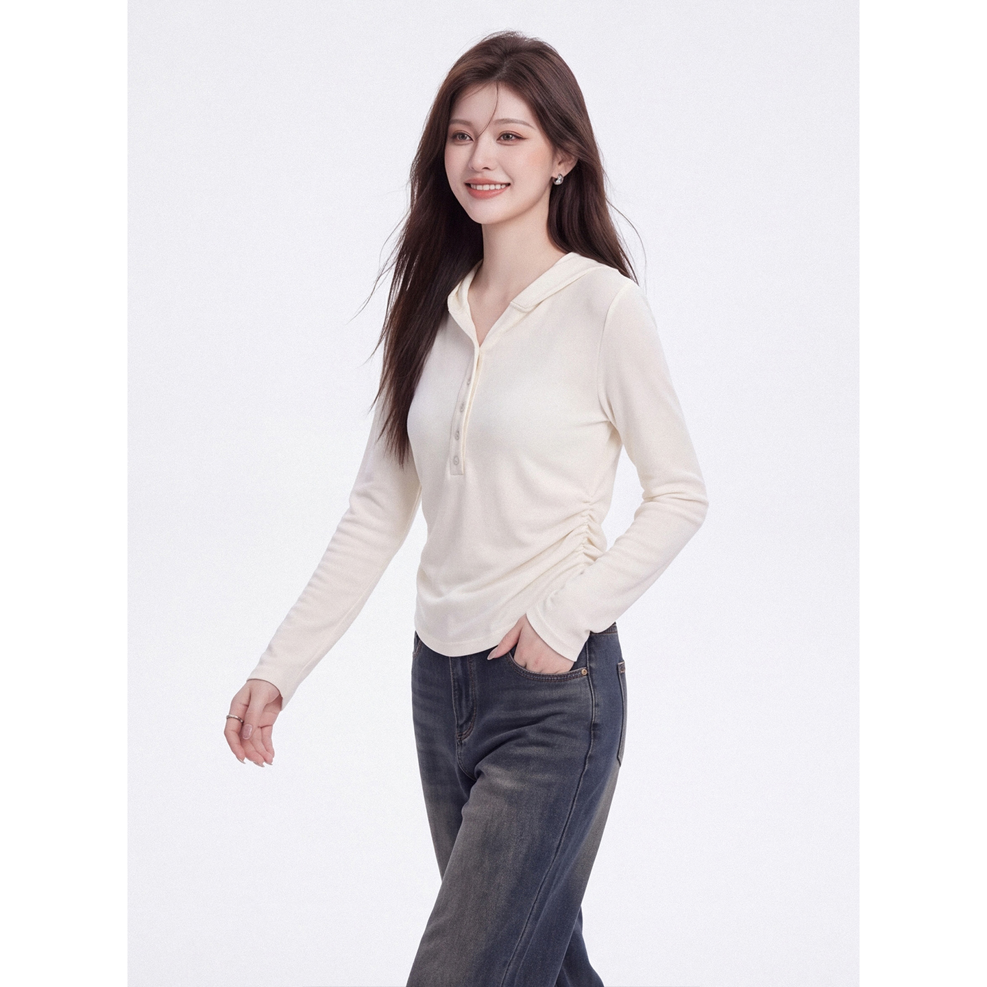 Korean Style Hooded Half Button Long Sleeve T-Shirt Women Autumn Slim Fit Ruched Waist Basic Top - Image 3