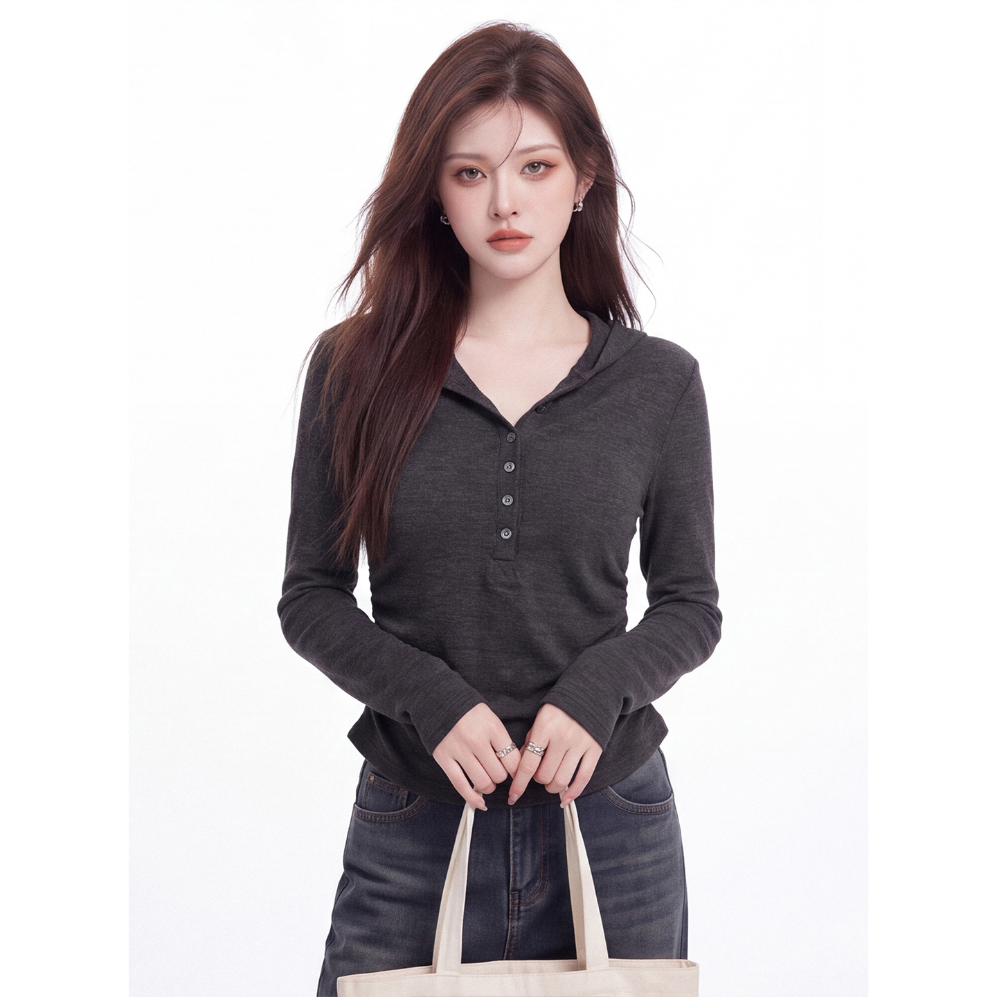 Korean Style Hooded Half Button Long Sleeve T-Shirt Women Autumn Slim Fit Ruched Waist Basic Top - Image 4