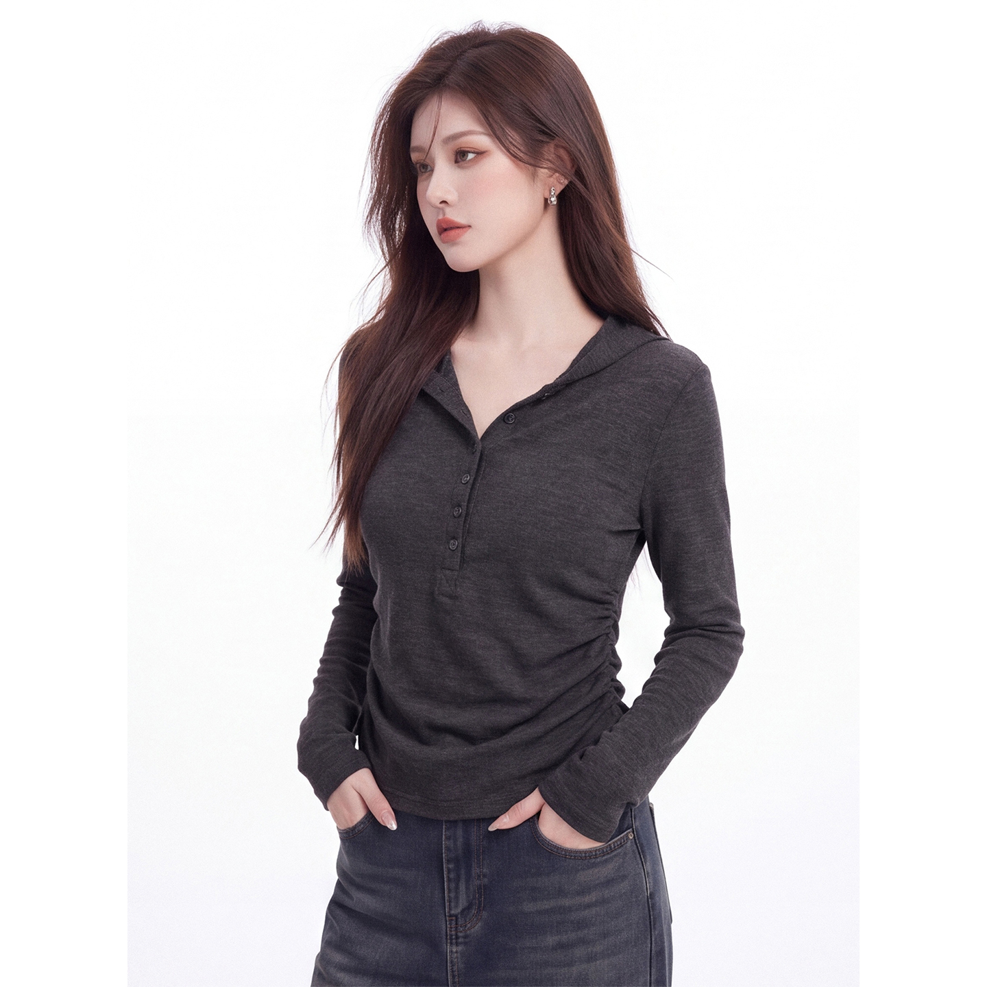 Korean Style Hooded Half Button Long Sleeve T-Shirt Women Autumn Slim Fit Ruched Waist Basic Top - Image 5