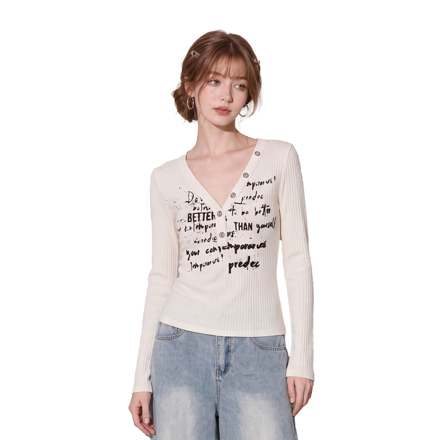 Retro Letter Print V-Neck Long Sleeve T-Shirt for Women
