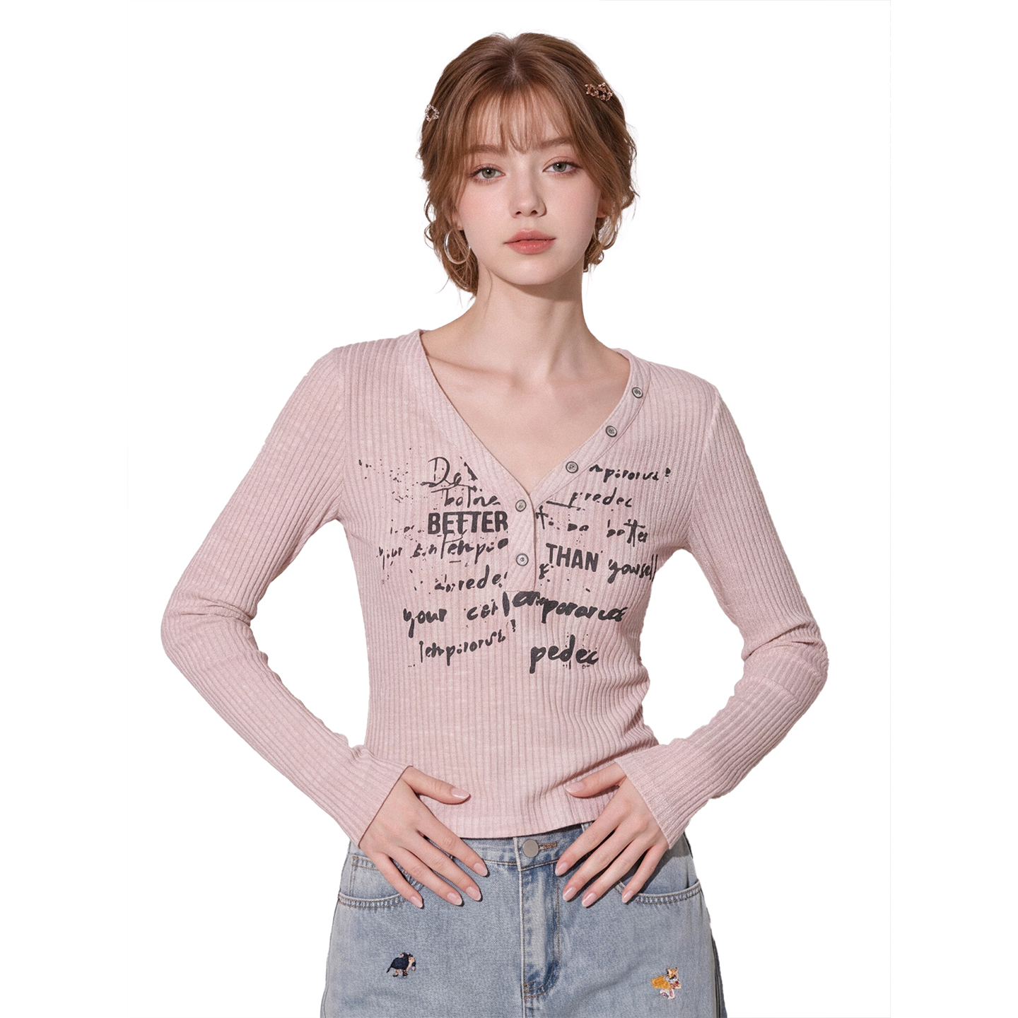 Retro Letter Print V-Neck Long Sleeve T-Shirt for Women - Image 2
