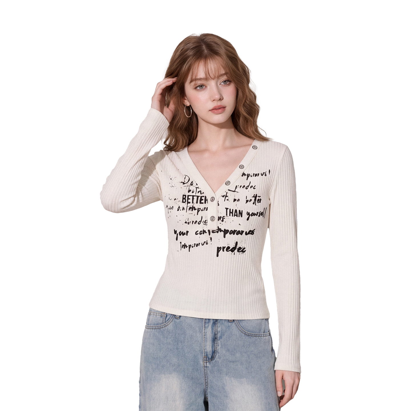 Retro Letter Print V-Neck Long Sleeve T-Shirt for Women - Image 4