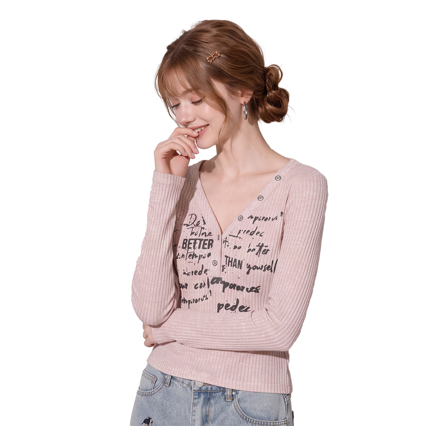 Retro Letter Print V-Neck Long Sleeve T-Shirt for Women - Image 5