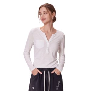 Korean Half-Button V-Neck Long-Sleeve T-Shirt for Women Early Autumn New Side Pleated Pocket Slim Short Top
