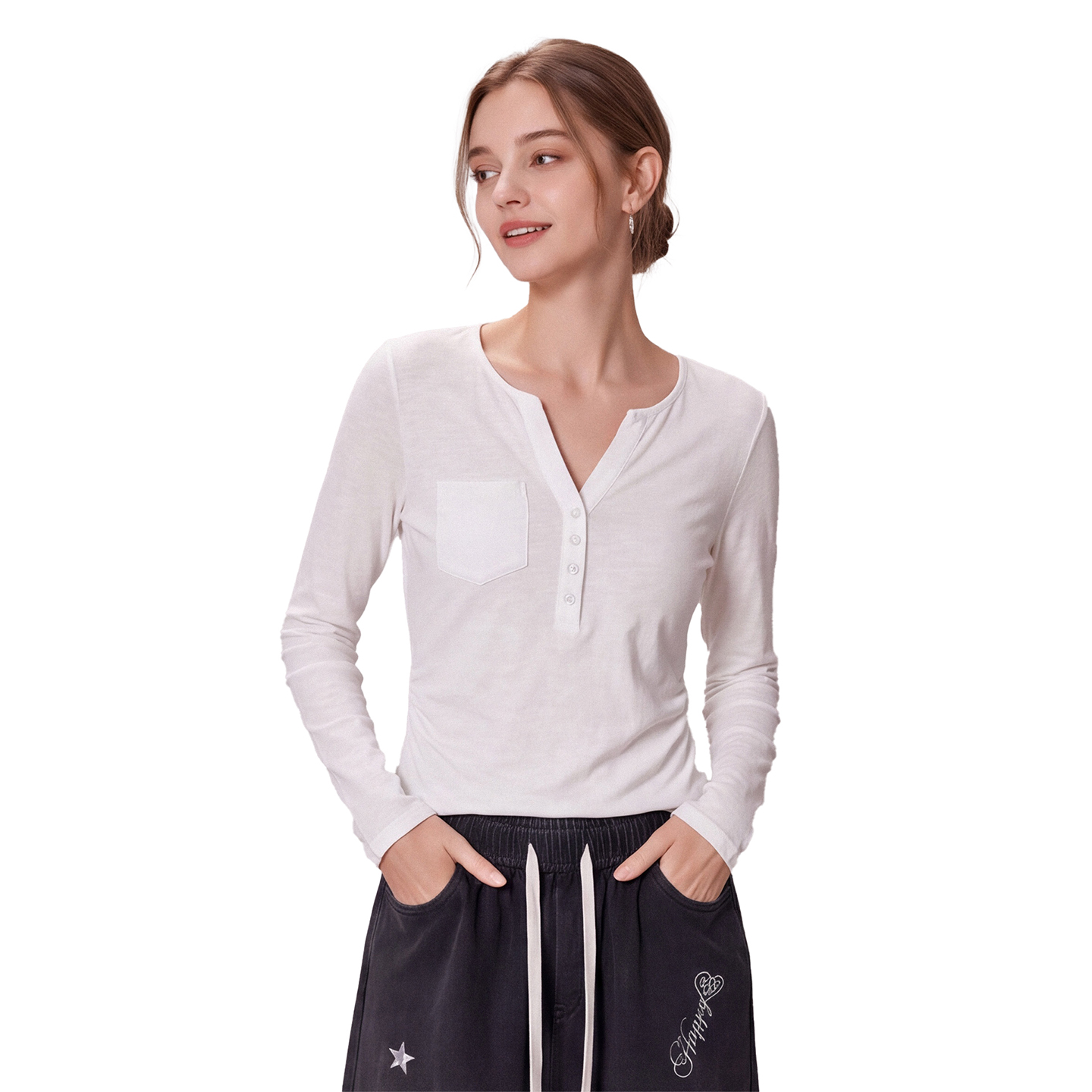 Korean Half-Button V-Neck Long-Sleeve T-Shirt for Women Early Autumn New Side Pleated Pocket Slim Short Top