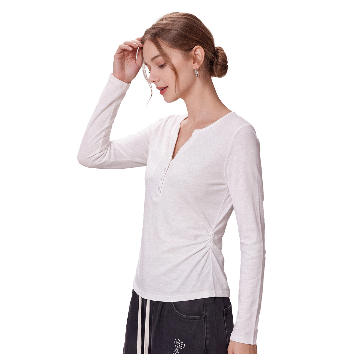 Korean Half-Button V-Neck Long-Sleeve T-Shirt for Women Early Autumn New Side Pleated Pocket Slim Short Top - Image 2