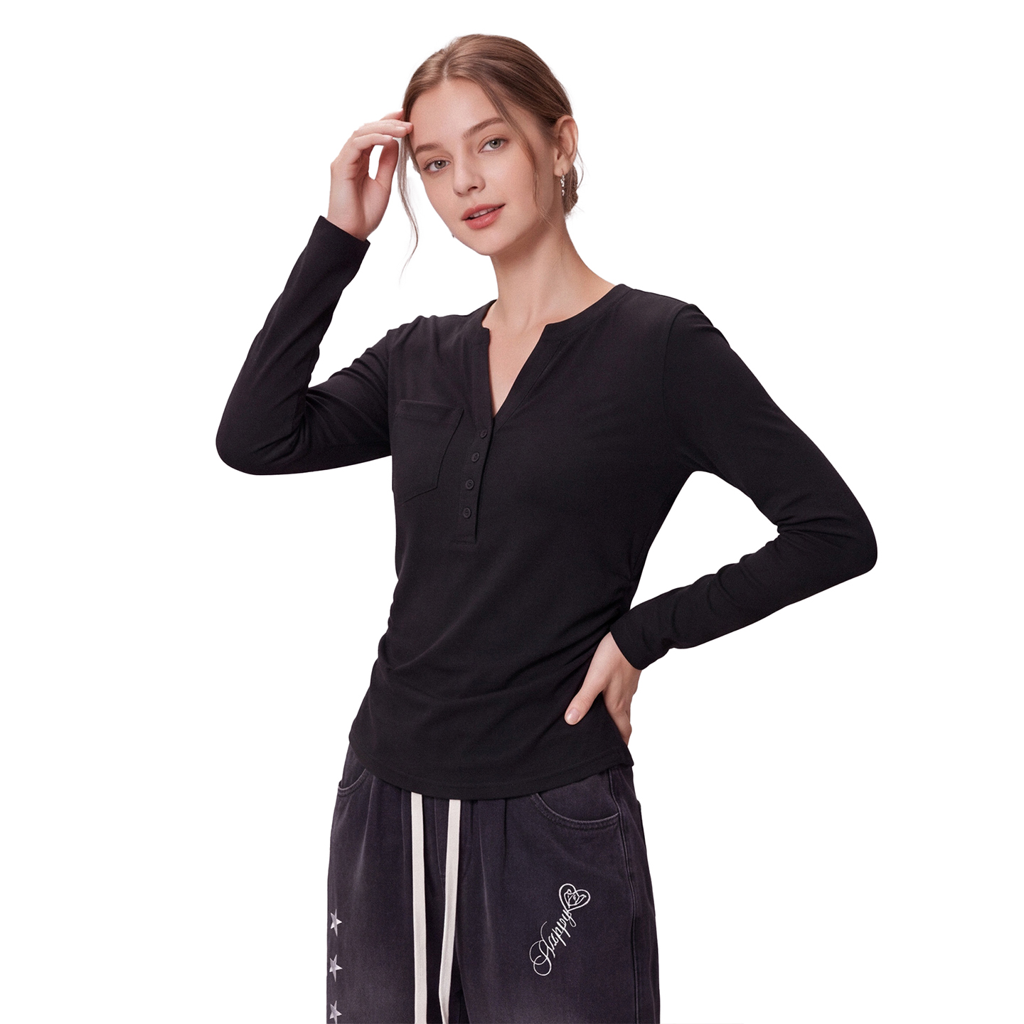 Korean Half-Button V-Neck Long-Sleeve T-Shirt for Women Early Autumn New Side Pleated Pocket Slim Short Top - Image 3