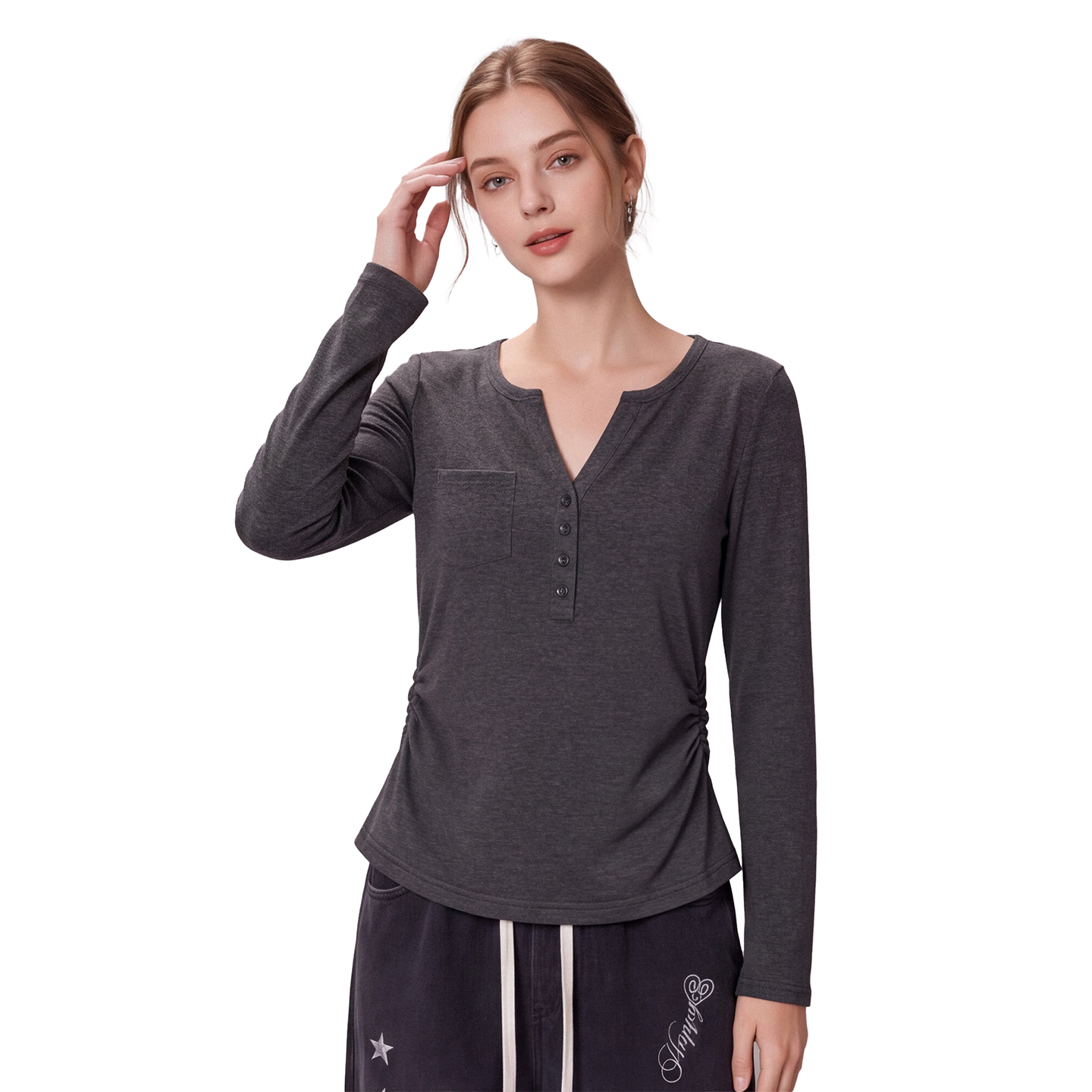 Korean Half-Button V-Neck Long-Sleeve T-Shirt for Women Early Autumn New Side Pleated Pocket Slim Short Top - Image 4