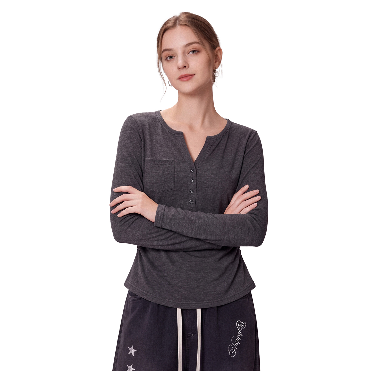 Korean Half-Button V-Neck Long-Sleeve T-Shirt for Women Early Autumn New Side Pleated Pocket Slim Short Top - Image 5