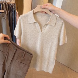 Classic Old Money Style Polo Collar Short Sleeve Knit Top for Women Summer