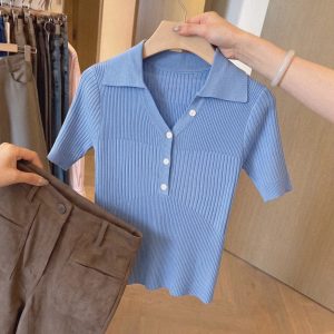 French Blue Polo Collar Short Sleeve Women's Slim Knit Top Summer