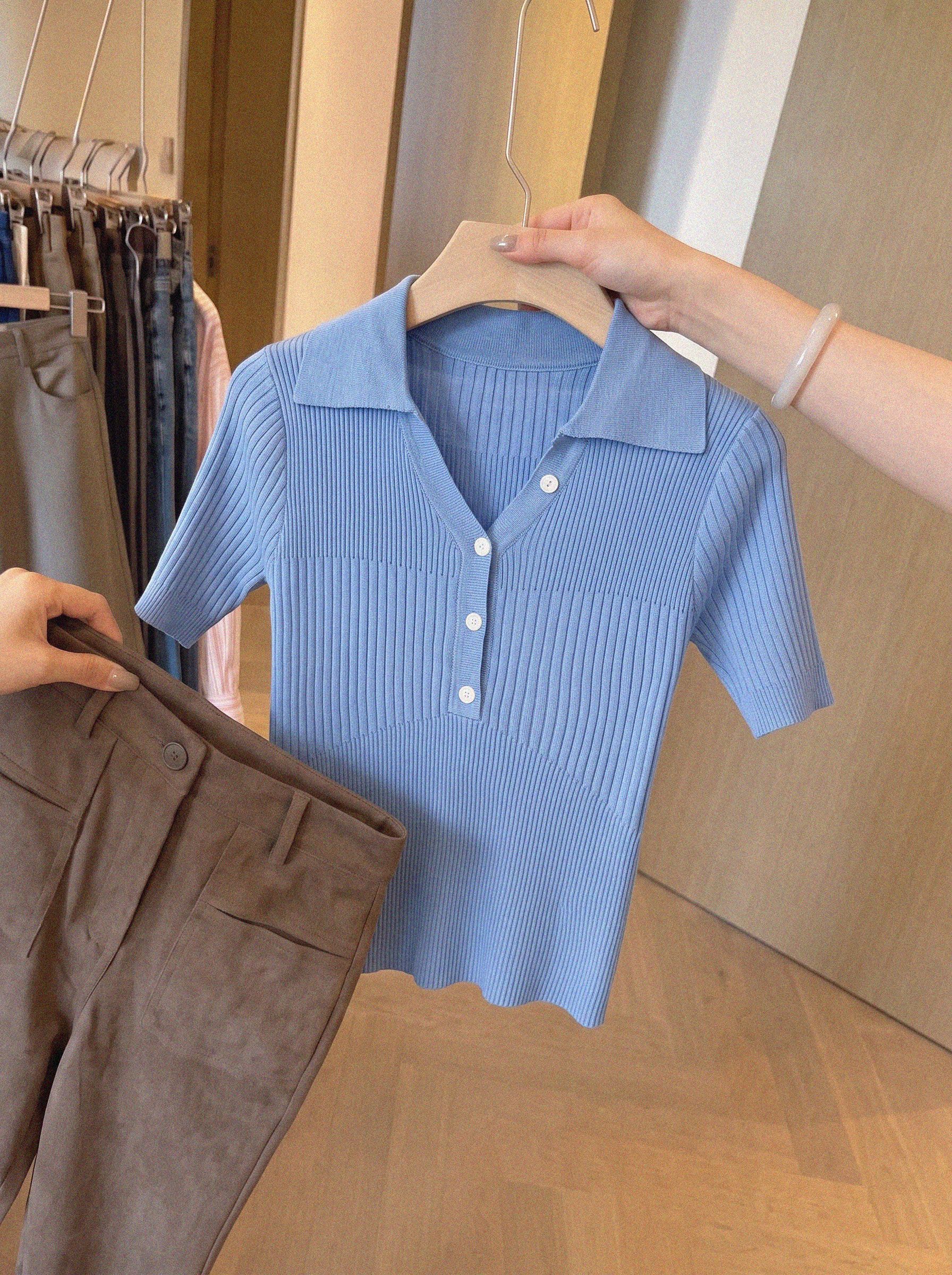 French Blue Polo Collar Short Sleeve Women's Slim Knit Top Summer