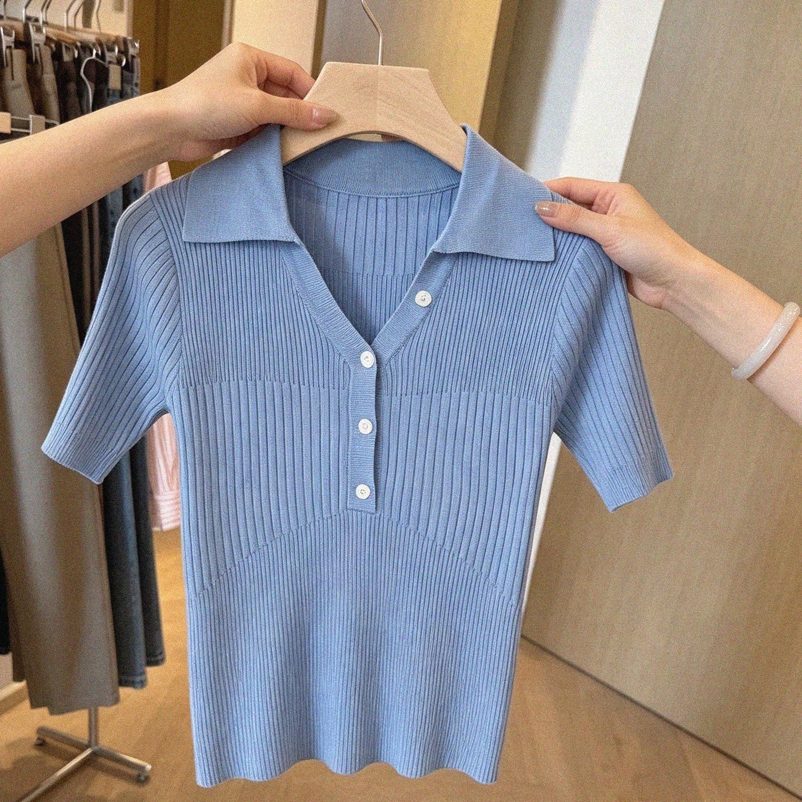 French Blue Polo Collar Short Sleeve Women's Slim Knit Top Summer - Image 5