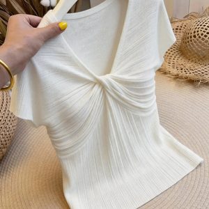 French-Style V-Neck Twist Short-Sleeve Knit Top for Women Summer Slim-Fit White T-Shirt