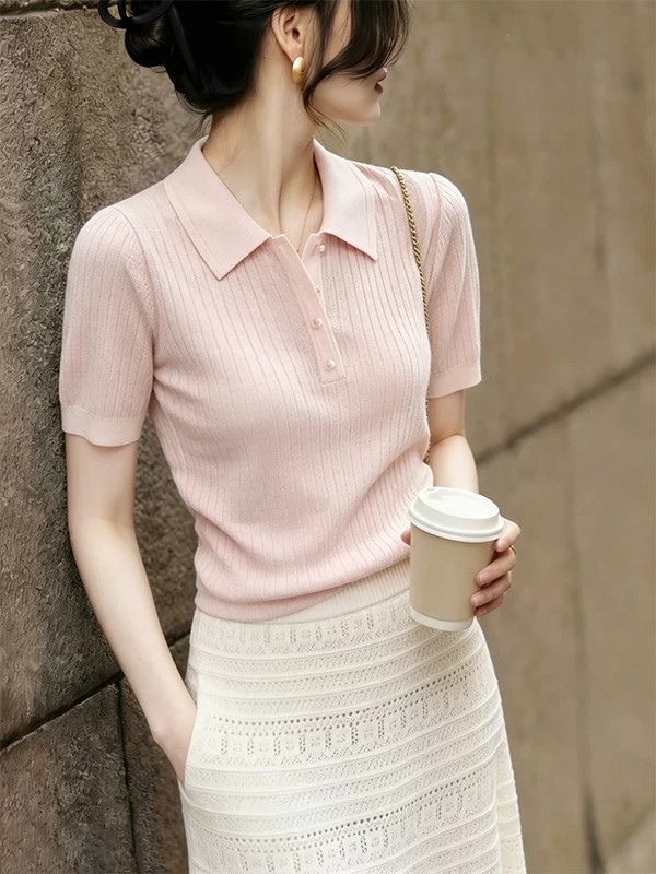 Commuter Style Polo Collar Short Sleeve Knit Top for Women Light Pink Ribbed Casual Chic Age Reducing Versatile Niche - Image 3