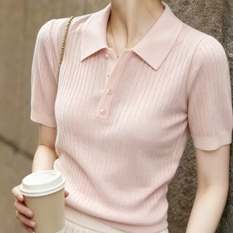 Commuter Style Polo Collar Short Sleeve Knit Top for Women Light Pink Ribbed Casual Chic Age Reducing Versatile Niche - Image 5