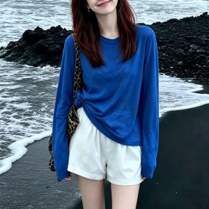 Blue Crew Neck Knit Long Sleeve T-Shirt for Women Summer Thin Beach Vacation Sun Protection Cover-Up Air Conditioning Top