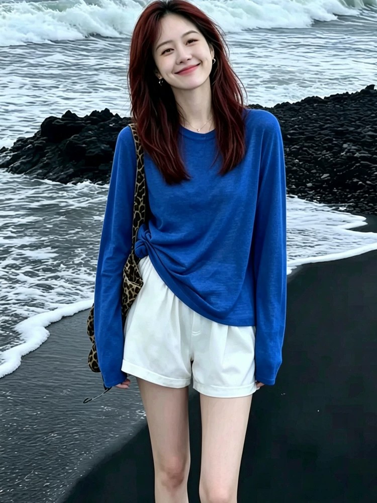 Blue Crew Neck Knit Long Sleeve T-Shirt for Women Summer Thin Beach Vacation Sun Protection Cover-Up Air Conditioning Top