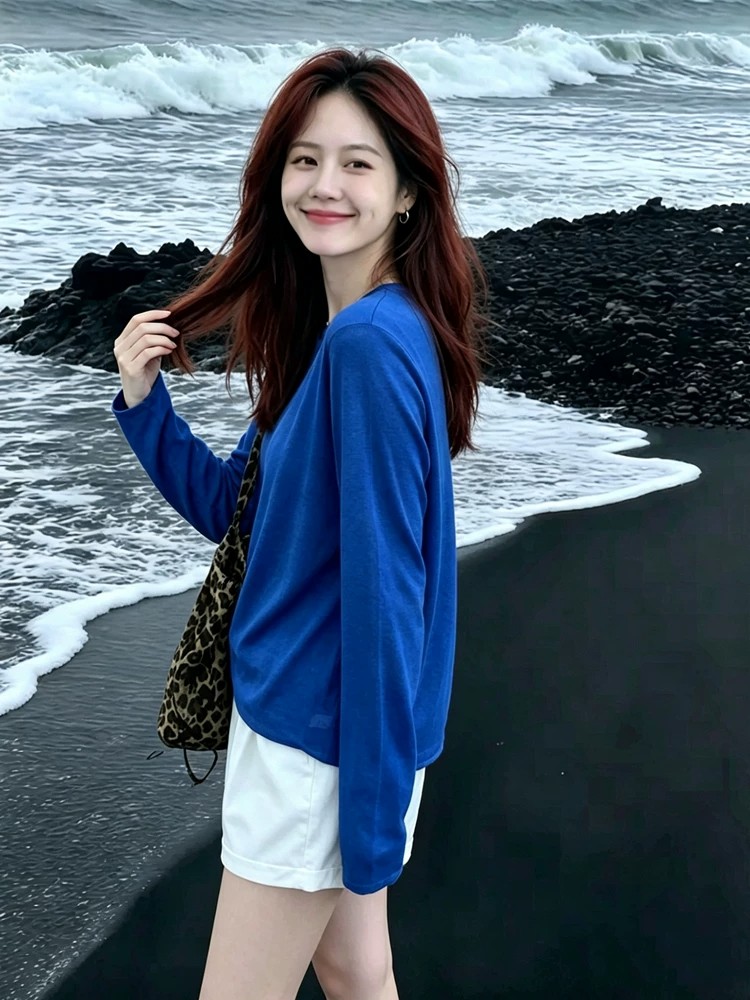 Blue Crew Neck Knit Long Sleeve T-Shirt for Women Summer Thin Beach Vacation Sun Protection Cover-Up Air Conditioning Top - Image 2