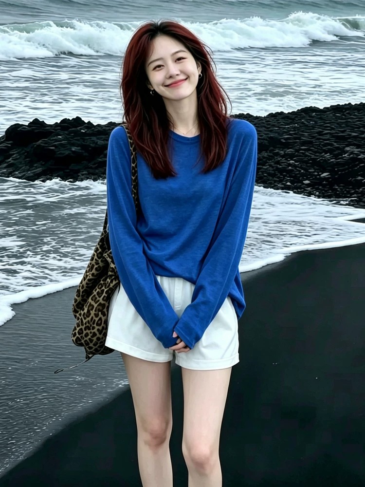 Blue Crew Neck Knit Long Sleeve T-Shirt for Women Summer Thin Beach Vacation Sun Protection Cover-Up Air Conditioning Top - Image 3