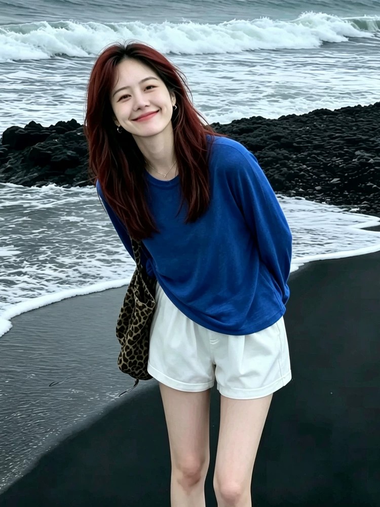 Blue Crew Neck Knit Long Sleeve T-Shirt for Women Summer Thin Beach Vacation Sun Protection Cover-Up Air Conditioning Top - Image 4