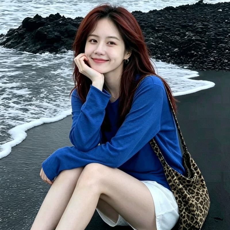 Blue Crew Neck Knit Long Sleeve T-Shirt for Women Summer Thin Beach Vacation Sun Protection Cover-Up Air Conditioning Top - Image 5